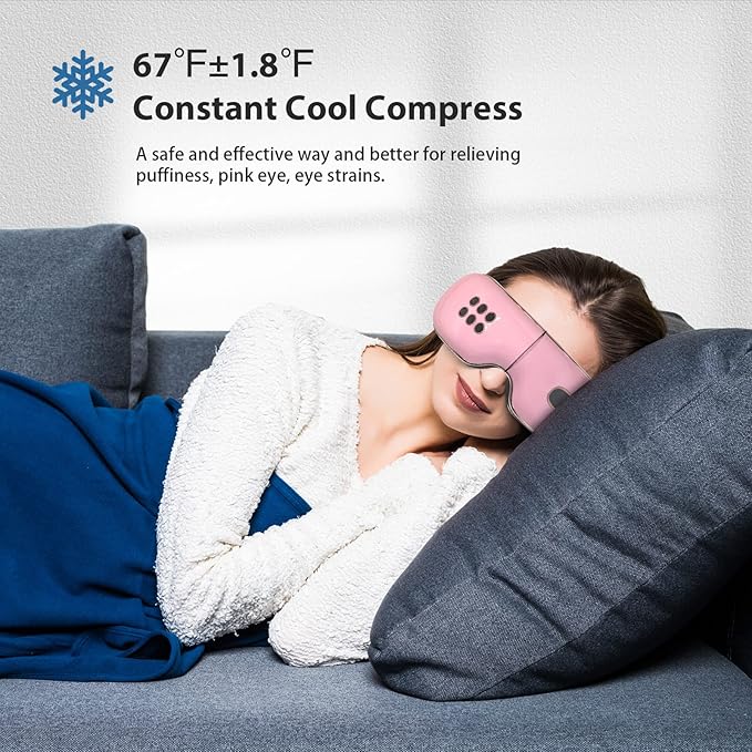 Eye Massager with Heat and Cooling for Migraines, Dry Eyes, Dark Circles, Rechargeable Heated Eye Mask Massager Improve Sleeping - Gifts for Women and Men (Pink)