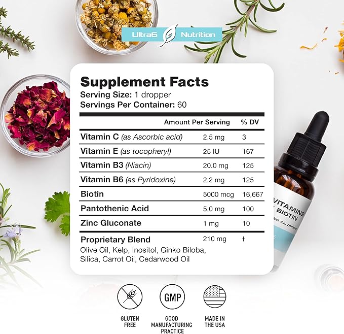 Liquid Biotin with Hair Vitamins - Vitamin C, E, B6 & Organic Coconut Oil - Liquid Biotin for Hair, Skin, Nails and Immunity Support