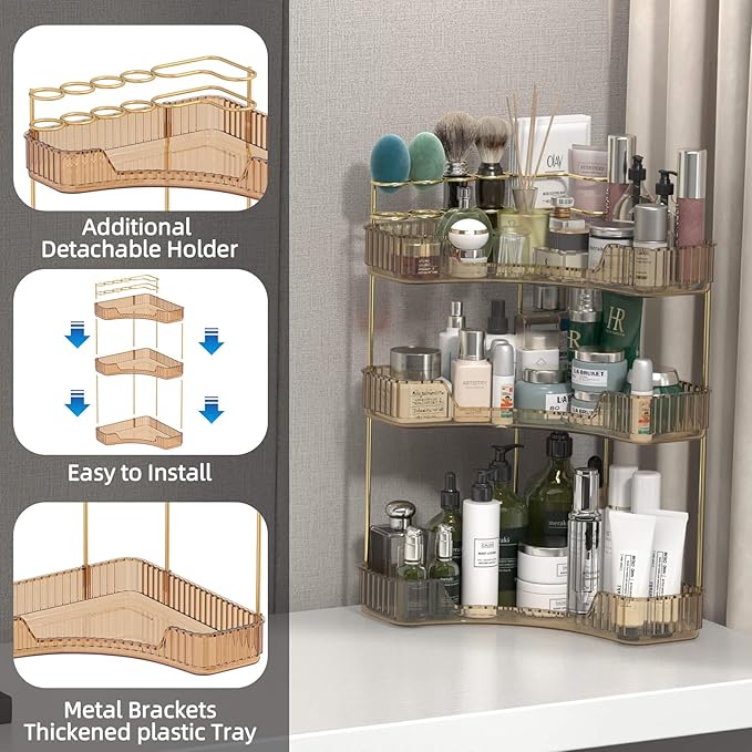 Corner Bathroom Counter Organizer with Top Toothbrush Holders, 3-Tier Make Up Organizers for Vanity with Brush Holder, Corner Storage for Bathroom, Kitchen, Dresser