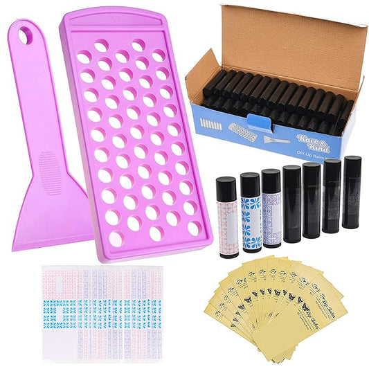 Lip Balm Filling Tray Kit - 1x Filling Tray, 1x Spatula, 50x Lip Balm Tubes (Black), 50x Writable Sticker (3 colors), 50x Printed Stickers (Transparent) - DIY Homemade Lip Balm - Gift Idea