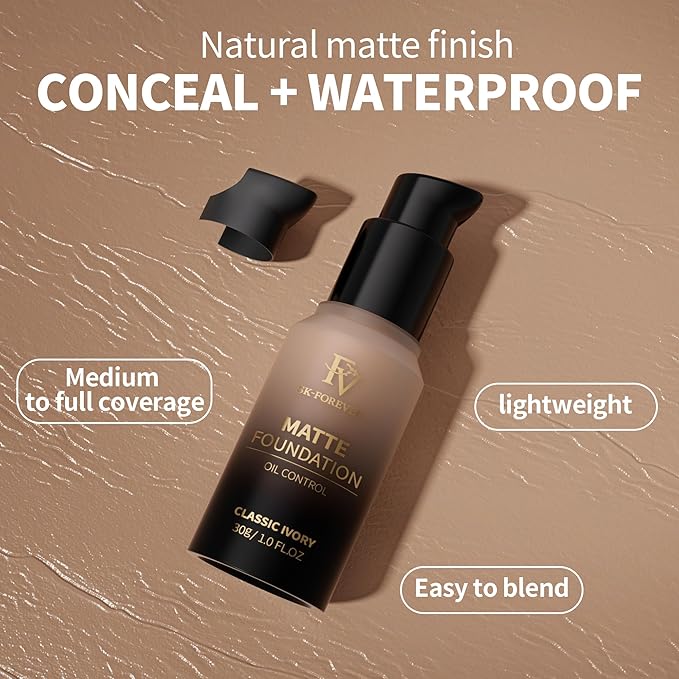 FV Full Coverage Liquid Foundation, Lightweight & Concealing, Long Lasting Matte Foundation Makeup with Flawless Finish, Oil Control Waterproof Foundation for Oily Skin (Classic Ivory Matte)
