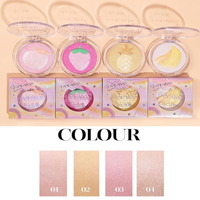 Glitter Highlighter Makeup, 3-In-1 Compact Shimmer Glitter Powder Makeup Blush Face Body Highlighter Illuminator, Silky Smooth Longlasting Lightweight Face Luminizer Bronzer (#02 Pineapple)
