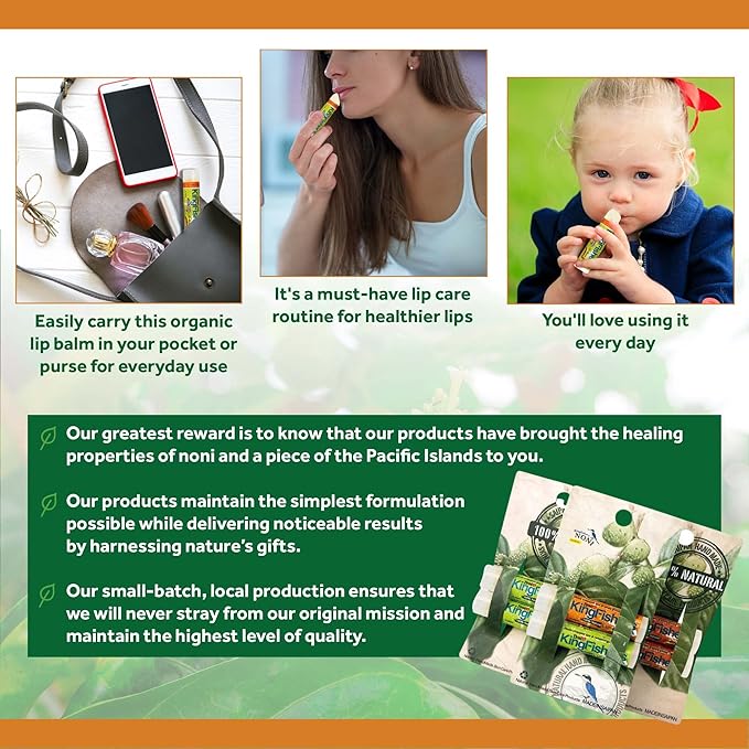 Lip Balm, 100% Natural Moisturizing Lip Balm, Ultra Hydrating Lip Care, Original Noni Oil & Virgin Coconut Oil (Pack of 2) (1 Sweet Orange and 1 Mint)