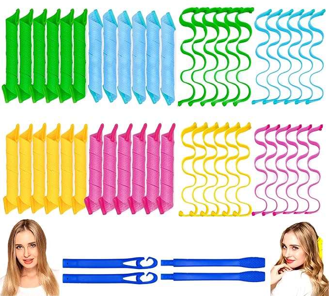 48PCS Hair Curlers Heatless Spiral and Wave Two Styles Formers(12inch) No Heat Curlers with 4PCS DIY Styling Hooks for Women and Girls’Short or Medium Hair (12 inch) Mixed Colors