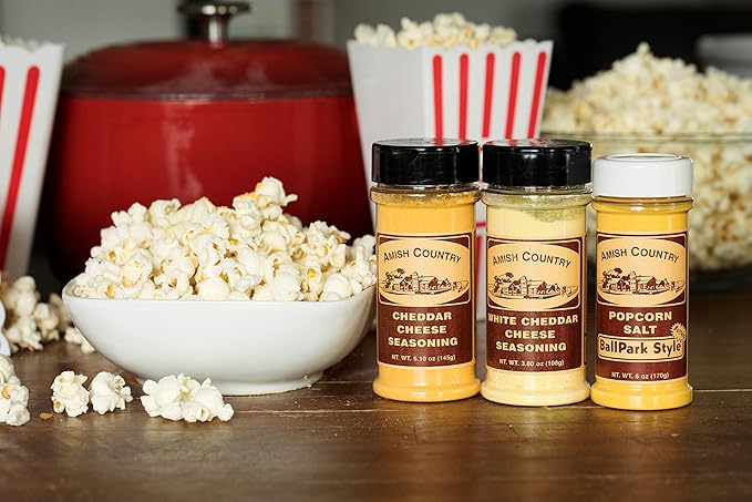 Amish Country Popcorn | BallPark Style Buttersalt - 5.5 oz, Cheddar Cheese - 4.7 oz & White Cheddar Cheese - 3.8 oz Popcorn Seasoning | Old Fashioned, Non-GMO and Gluten Free