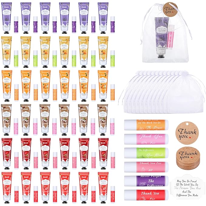 36 Set Thank You Gifts for Employee Hand Cream and Lip Balm Bulk Set with Organza Bag Thank You Card Hand Lotion Appreciation Gift Set for Women Men Coworkers Volunteer