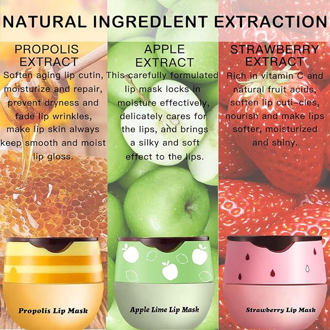 3 PCS Lip Balm Honey Pot, Honey Apple Strawberry Lip Masks Overnight, Propolis Moisturizing Lip Sleeping Mask, Prevention Dry Crack Lip Repair Nourishes the Lip Skin and Lip Wrinkle Care.