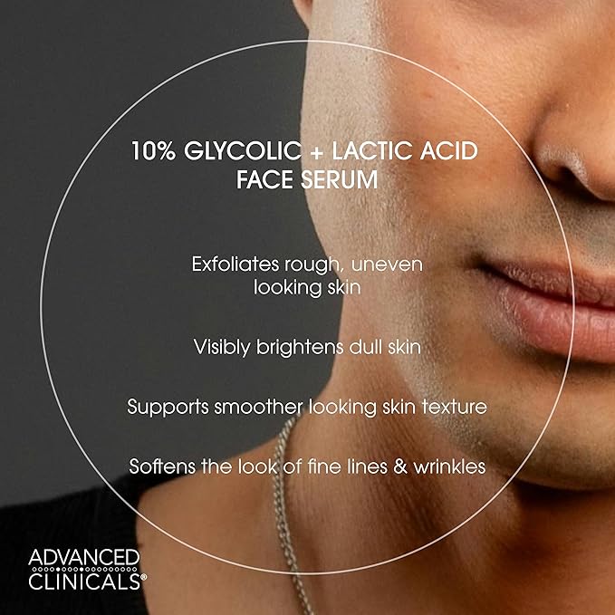 Advanced Clinicals 10% Glycolic Acid + Lactic Acid Body Lotion Moisturizer + AHA Glycolic Acid Face Serum 2pc Exfoliating Skincare Set To Reduce Look Of Uneven Rough Skin Texture, Fragrance Free, 2pc