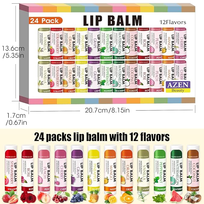 AZEN 24 Pack Lip Balm Stocking, Natural Lip Balm Bulk, Moisturizing Lip Balm for Dry Lips