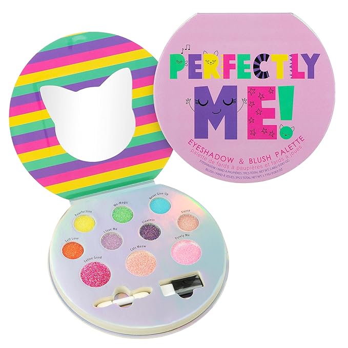 Expressions Perfectly Me Glisten & Glitter Makeup Palette 10 Color Eyeshadow Palette & Blush Makeup Novelty Beauty Set, Fold Out Compact with Mirror, Cute Makeup Kit Gifts - Washable, Non-Toxic