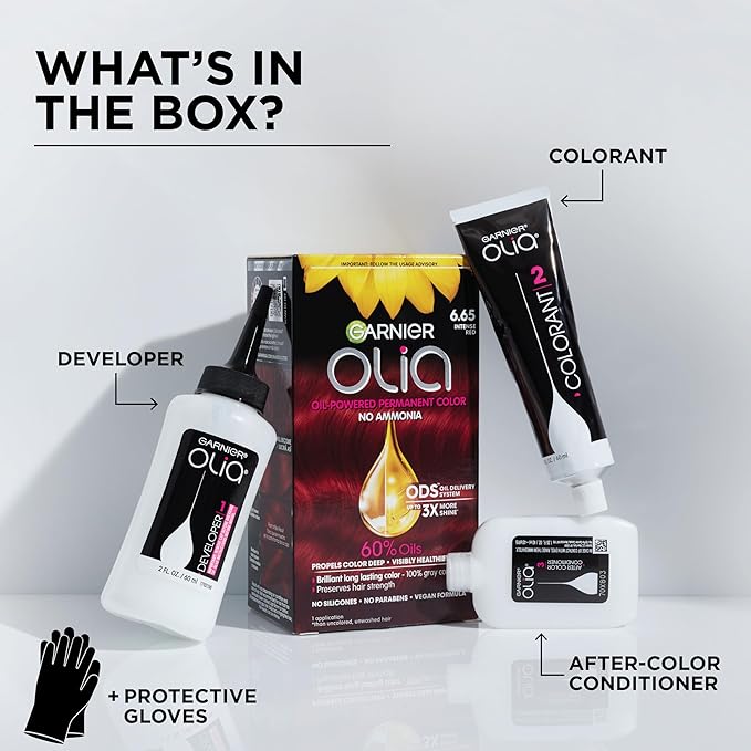 Garnier Hair Color Olia Ammonia-Free Brilliant Color Oil-Rich Permanent Hair Dye, 7.45 Dark Fire Ruby, 2 Count (Packaging May Vary)