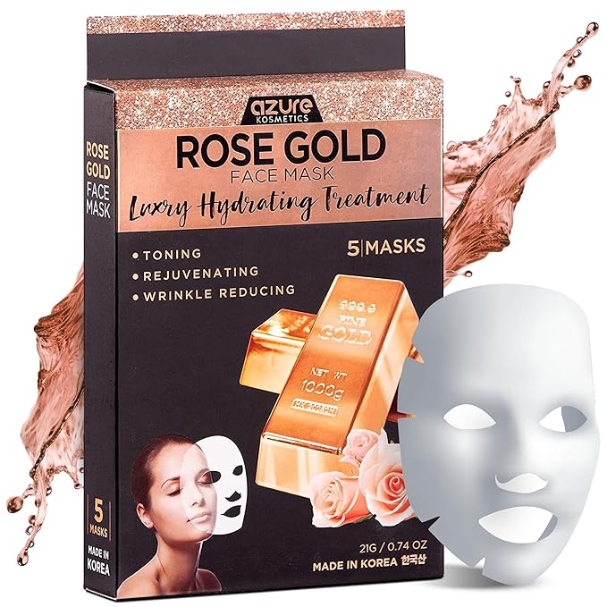Azure Cosmetics Rose Gold Luxury Hydrating Facial Sheet Mask - Firming, Lifting & Deeply Moisturizing - Helps Reduce Fine Lines & Wrinkles, Signs of Aging & Dry Patches - Made in Korea - Pack of 5
