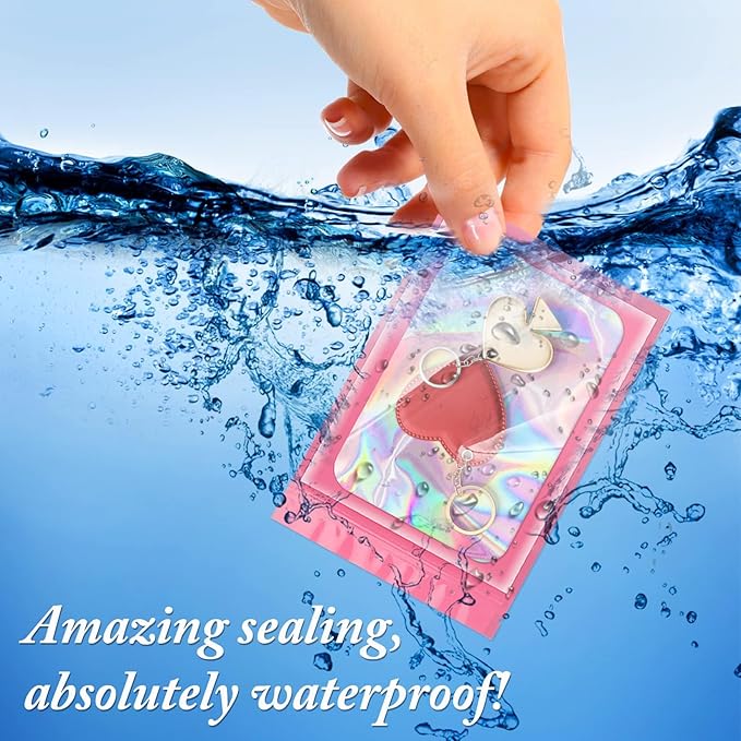 ANZNKU 100 Pcs Smell Proof Mylar Resealable Bags, Holographic Packaging Bags, Resealable Odor Foil Pouch Zip Bag with Clear Window for Food Storage and Lipgloss, Jewelry Lash(Pink, 4.7 x 7.9 Inch)