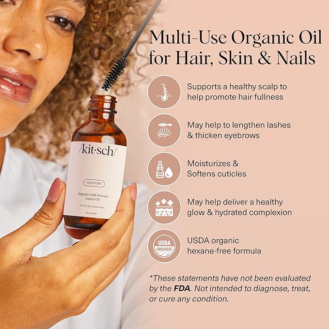 Kitsch Organic Castor Oil for Hair Growth - 100% Pure Castor Oil, Organic Cold Pressed Unrefined Glass Bottle for Face, Skin, Lashes, Brows, Scalp, Nails & Belly Button - Hexane Free, USDA - 4 oz