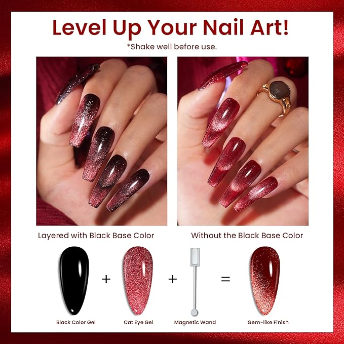 Beetles Cat Eye Gel Nail Polish Set, 6 Colors Glitter Red Pink Shiny Brown Burgundy Purple Blue Green Magnetic Effect Sparkle Stunning Nail Gel Polish Kit Soak Off UV Manicure Gifts for Women