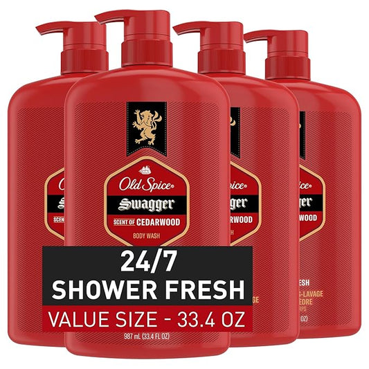 Old Spice Body Wash for Men, 24/7 Shower Fresh with Lasting Scent, Red Collection, Swagger with Cedarwood Scent, 33.4 fl oz (Pack of 4)