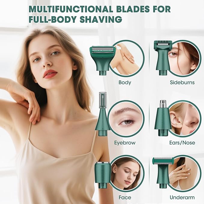 Karrte 6-in-1 Electric Razor for Women's Pubic Hair, Painless Body Shaver and Facial Epilator, Hair Removal for Face, Bikini Trimmer for Women's Private Area Green