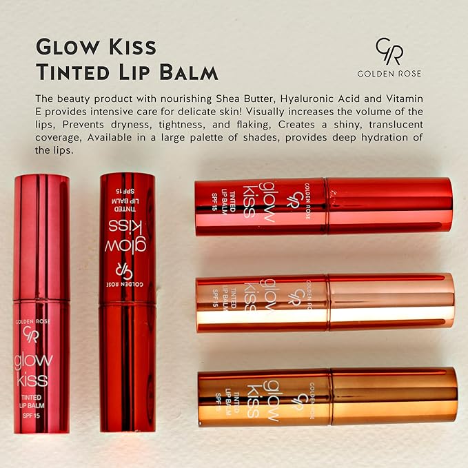 Golden Rose Cosmetics Glow Kiss Tinted Lip Balm with SPF15, Vegan Formula (Peach Shake)