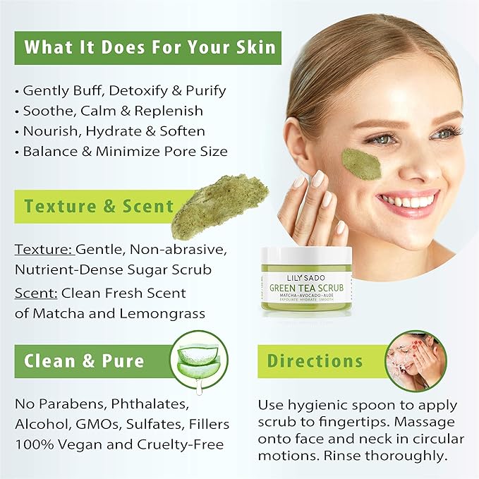 LILY SADO MATCHA MADE IN HEAVEN™ Sugar Facial Scrub - Best Daily Facial Exfoliating Cleanser for Women & Men - Vegan Face Wash Exfoliates Skin, Treats Acne, Reduces Pore Size - 4 oz