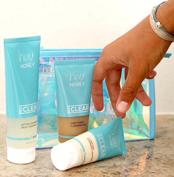 Hey Honey Skincare Be Clear 3-Step Acne Clearing Kit |Clear Face Wash, Deep Pores Cleansing, Overnight Treatment | with Propolis & Honey | Clear Blemish Skin Purifying Formulas | 3-Piece Kit