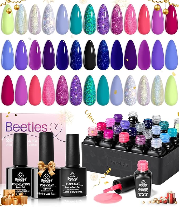 Beetles 20 Colors Gel Nail Polish Kit Midnight Euphoria Collection 23 Pcs Purple Blue Hot Pink Glitter Gel Polish Set Rainbow Soak off Uv Glossy & Matte Top Base Coat Gift for Women