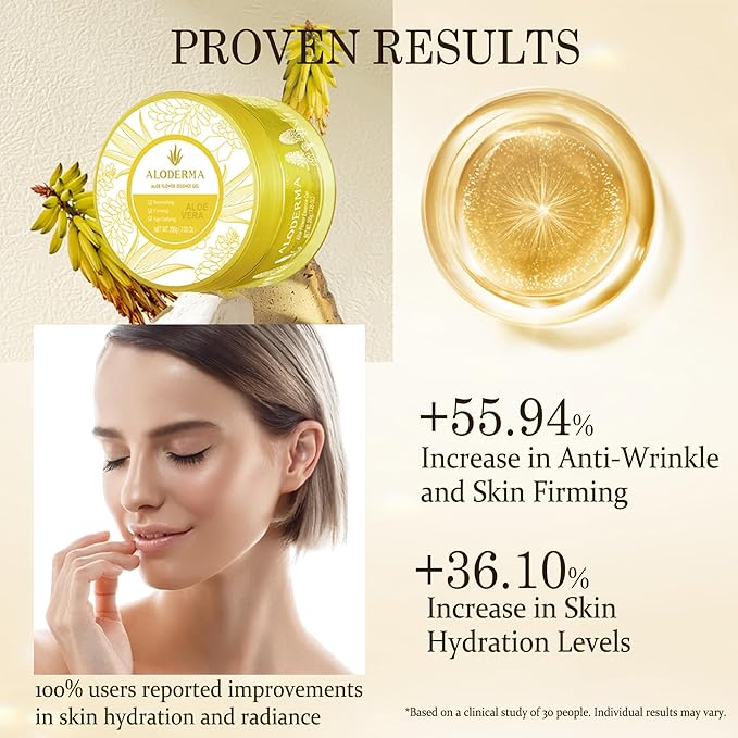 Aloderma Age-Defying Aloe Flower Essence Gel with 24K Gold Leaf, Made within 12 Hours of Harvest - Luxurious Aloe Gel with Allantoin & Hyaluronic Acid for a Shimmering, Youthful Complexion, 7oz 3-Pack