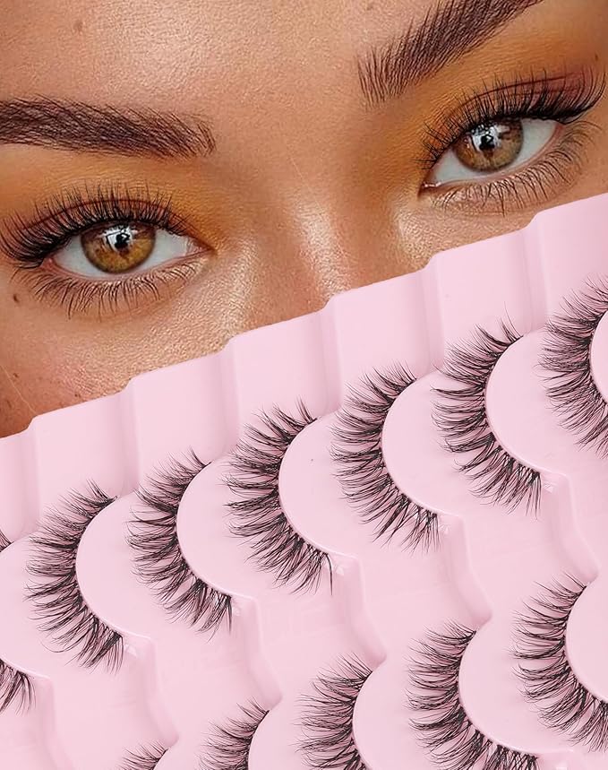 Lashes Short Natural Everyday Wispy Eyelashes Clear Band Flared Strip Eyelash Soft Lash Fluffy Pack 7 Pairs SF-09