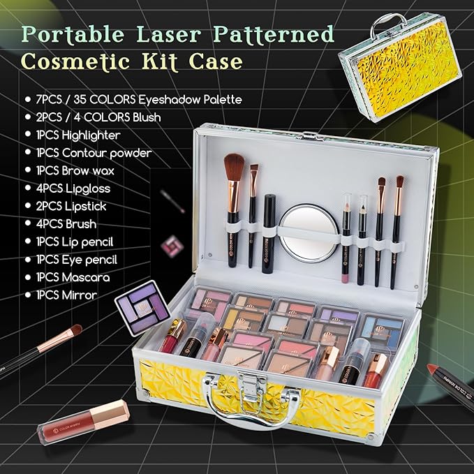 Color Nymph Beginner Makeup Kit for Teens, Train Case Girls Makeup Set with Eye Shadow, Lipstick, Blush, Brushes, Lipgloss, Mascara, Brow Wax and Mirror Green Full Starter Cosmetics Set