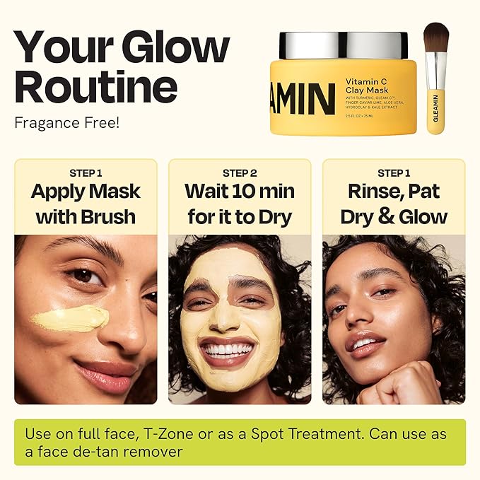 Gleamin Vitamin C Clay Mask for Dark Spots, Turmeric Clay Face Mask Skin Care, Deeply Cleanses & Refines Pores, Brightens Uneven Tone and Helps Improve Post-Blemish Scarring & Texture, Up to 20 Uses