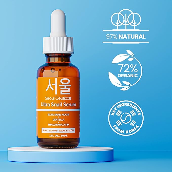 SeoulCeuticals Korean Skin Care 97.5% Snail Mucin Serum – K Beauty Skincare Night Serum Hyaluronic Acid for Face - Centella Anti Wrinkle Serum 1oz