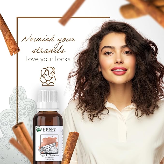 HBNO Organic Cinnamon Leaf Essential Oil - 1 oz (30ml) Travel Size - USDA Certified Organic Cinnamon Essential Oil, Perfect for Aromatherapy, Soap Making, DIY, Fragrances, Diffuser.