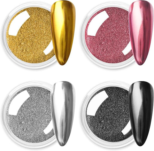 Allstarry Gold and Silver Chrome Nail Powder, 4 Colors Metallic Effect Mirror Chrome Powder Pigment Holographic Manicure Pigment Gold Siver Pink Chrome Nail Glitter