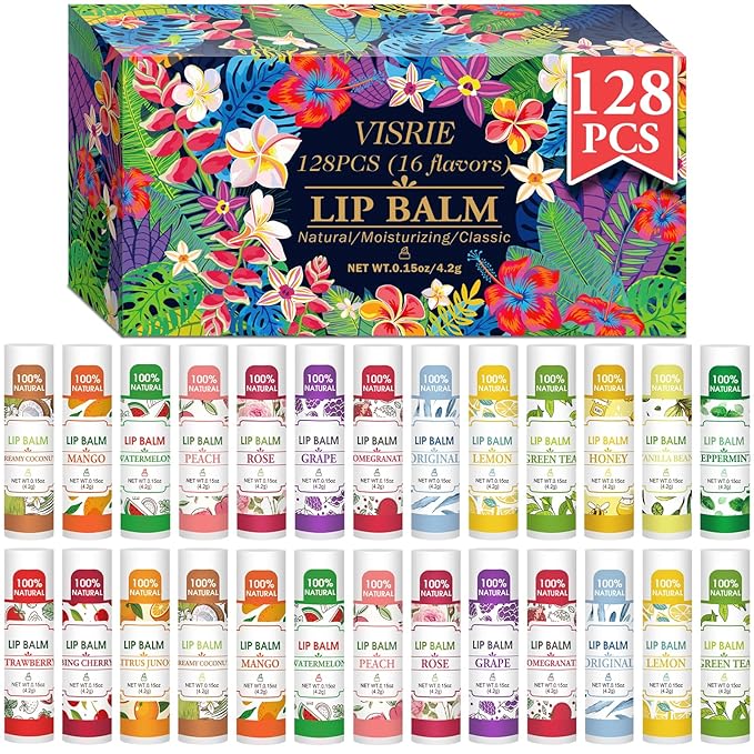 128 Pack Lip Balm, Natural Lip Balm Bulk with Vitamin E and Coconut Oil, Moisturizing Lip Balm for Dry Lips - 16 Flavors