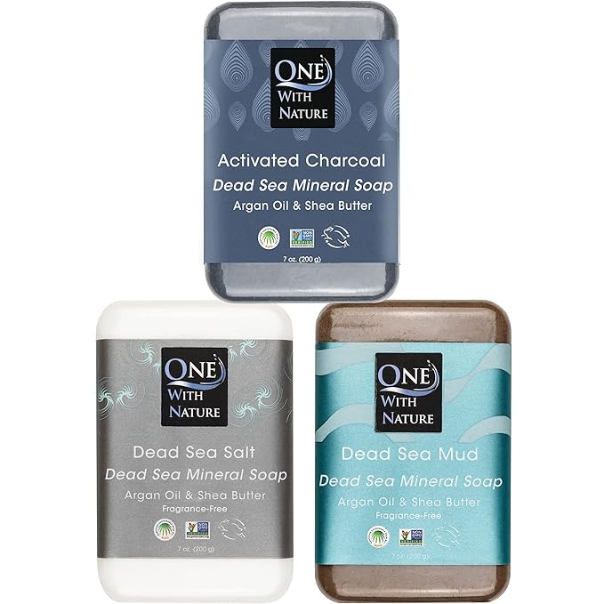 One With Nature Dead Sea Soap 7oz Variety 3Pk-Dead Sea Mud, Activated Charcoal, and Dead Sea Salt-Detoxifying and Exfoliating Soap Bars with Dead Sea Salt for Face & Body, for Men & Women
