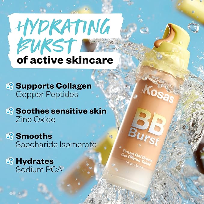 Kosas BB Burst Tinted Face Gel Cream - Supports Healthy Collagen, Smoothes Skin, Hydrates & Moisturizes - Lightweight Buildable Coverage - Rich Deep Neutral Olive 44, (1 Oz/30 ML)