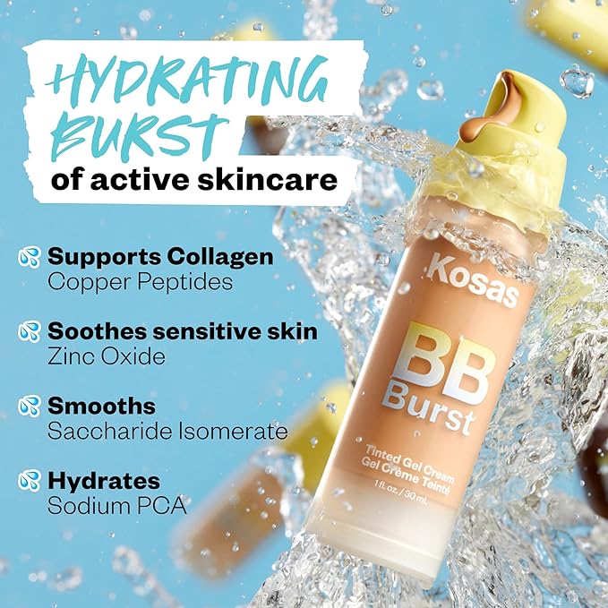 Kosas BB Burst Tinted Face Gel Cream - Supports Healthy Collagen, Smoothes Skin, Hydrates & Moisturizes - Lightweight Buildable Coverage - Light Medium Neutral 21, (1 Oz/30 ML)