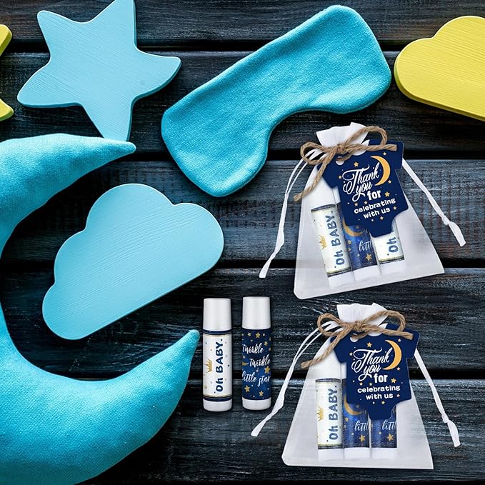 Demissle 50 Pcs Baby Shower Lip Balm Gift Set with 100 Pcs Organza Bags Baby Shower Party Favor for Guest Thank You Tag Rope Baby Shower Party Decoration Gender Reveal Souvenirs(Night)