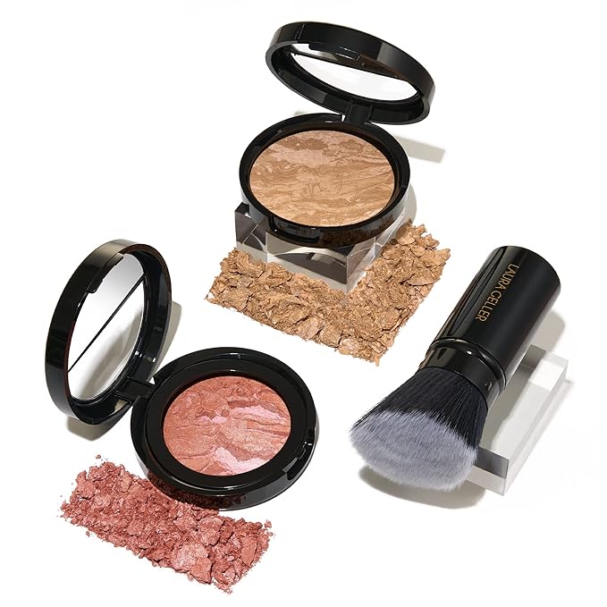 Blush-n-Glow Kit (3 PC): LAURA GELLER NEW YORK Baked Balance-N-Glow Illuminating CC Powder Foundation Golden Medium, Retractable Kabuki Brush, Baked Blush-N-Brighten Pink Grapefruit