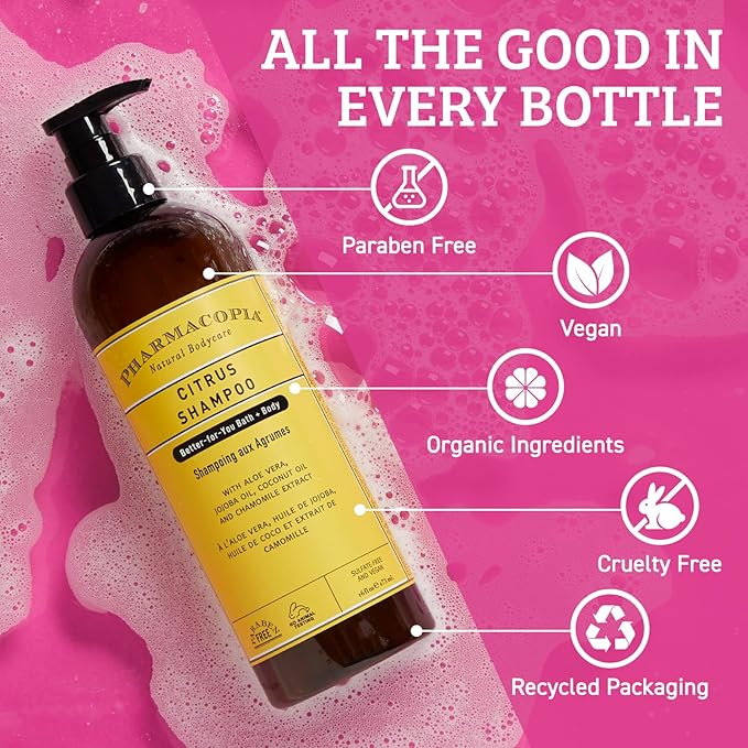 Pharmacopia Citrus Shampoo - Natural Hair Care with Plant Based & Organic Ingredients Aloe Vera, Jojoba Oil, Coconut Oil, and Chamomile Extract - Vegan, Cruelty Free, No Parabens or Sulfates, 16 oz