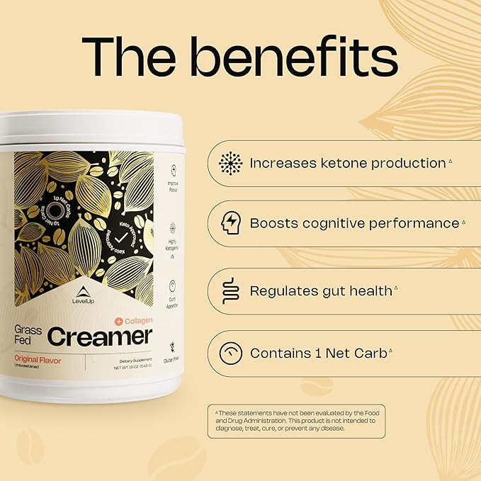 LevelUp Creamer, with Energizing MCT Oil and Collagen Peptides, Keto Coffee Creamer, Supports Natural Energy & Ketone Production - Original (Unsweetened) 7 oz