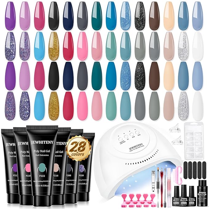 JEWHITENY 28 Colors Poly Nail Gel Kit with Base Top Coat Purple Blue Yellow Nude Pink Glitter Shades Quick-Dry for Beginners DIY Need U V Lamp Curing