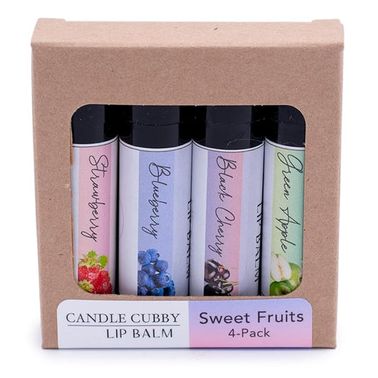 Lip Balm Sweet Fruits 4-Pack, Strawberry Blueberry Black Cherry Green Apple, Natural Beeswax, Moisturizing Lip Treatment, 4 Tubes, 0.15 oz., White