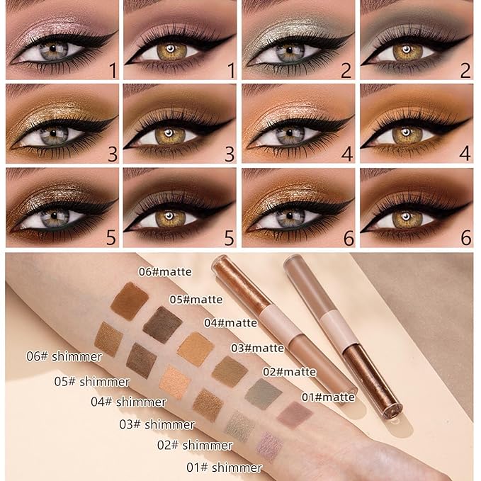 Liquid Eyeshadow Pencil, Earth Yellow Brown, 6-Color, Waterproof, Dual-End, Portable, Cruelty-Free