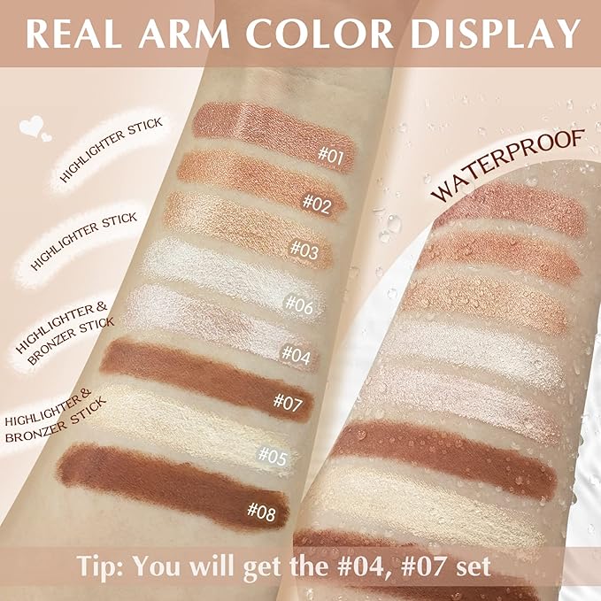 2 Pcs Cream Contour Stick Makeup Kit, Cream Highlighter Stick & Contour Bronzer Stick for Cheeks, Lightweight Blendable Smooth -Highlighter & Bronzer (#04 Light Rose Gold #07 Coffee)