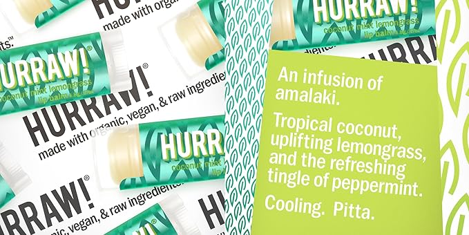 Hurraw! Coconut, Mint, Lemongrass (Pitta) Lip Balm, 3 Pack: Organic, Certified Vegan, Cruelty and Gluten Free. Non-GMO, 100% Natural Ingredients. Bee, Shea, Soy and Palm Free. Made in USA