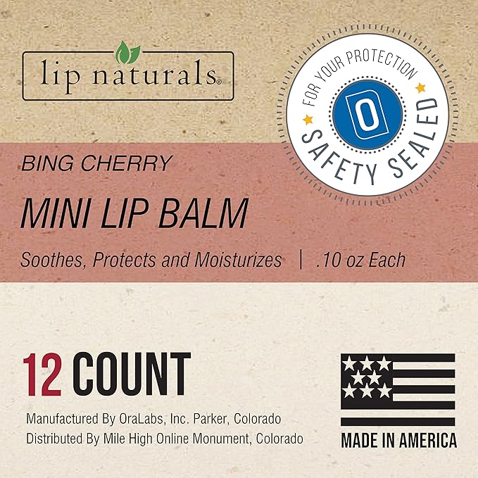 Lip Naturals® | Mini Cherry Lip Balm with Sunscreen (SPF-15) | Made in USA with Beeswax & Coconut Oil | 12-Count Mini Lip Balm Pack with Bing Cherry Flavor (0.10oz/3g Each)