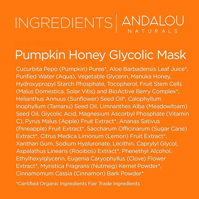 Andalou Naturals Pumpkin Honey Glycolic Mask, Brightening & Exfoliating Face Mask with Glycolic Acid & Vitamin C, Gently Removes Dirt and Brightens Skin, 1.7 fl oz