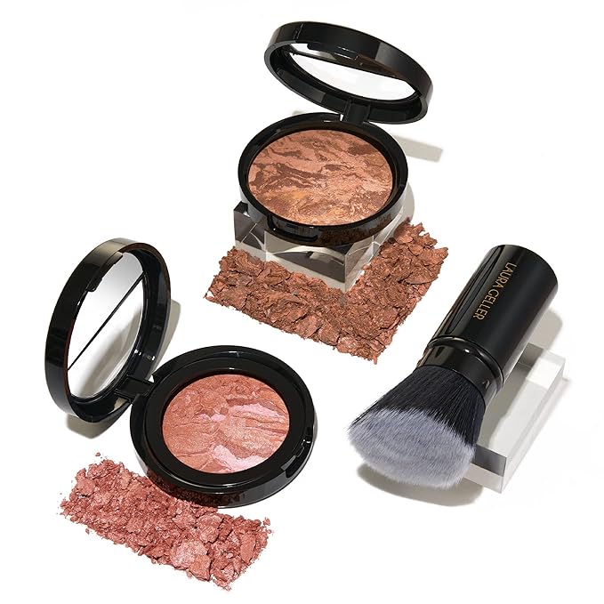 LAURA GELLER NEW YORK Blush-n-Glow Kit (3 PC): Baked Balance-N-Glow Illuminating Powder Foundation, Tan + Retractable Kabuki Brush + Baked Blush-N-Brighten, Pink Grapefruit