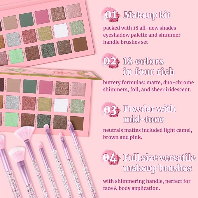 18 Colors Eyeshadow Palette With 7 pcs Soft Brushes Makeup Set High Pigmented Shimmer Matte Metallic Glitter Pink Nude Sage Green Eye Shadow Brush Make Up Kit for Women & Teen, Beginner & Pros