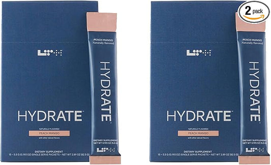 LTH Hydrate Hydration Mix - Trusted by Life Time Fitness Members - NSF Certified for Sport - Electrolyte Powder - Plant-Based, Non-GMO, Gluten Free - 15 Single-Serve Packets (Peach Mango) - 2-Pack